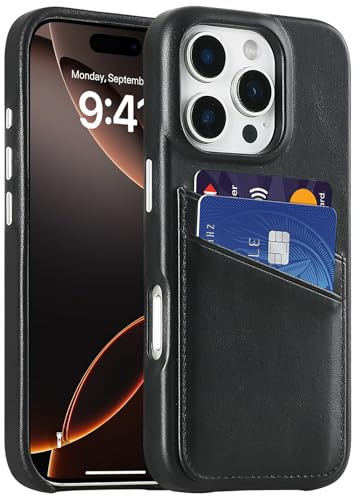 LUCKYCOIN Premium Handcrafted Genuine Leather Phone Case for iPhone 16 Pro, Slim Wallet Case with Card Holder, Metal Buttons, Soft Microfiber Lining, Shockproof Protective Cover - Black