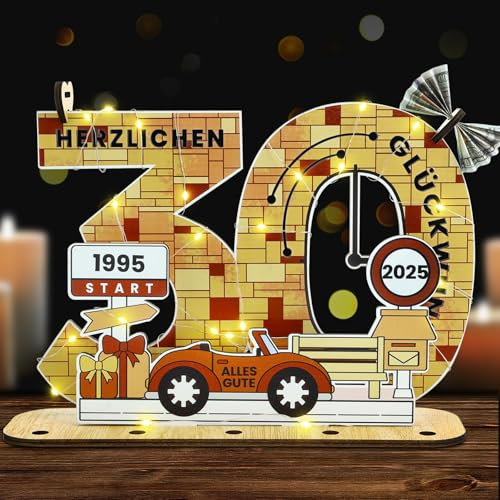 Belillpipi 2025 Holzfarbe Originelle 30 Geburtstag Deko Geburtstag Holz mit LED, Frauen & Männer Geburtstag Pixel Retro Holz-Schild Gästebuch für Geschenke, Partys, Geburtstage, Jubiläum