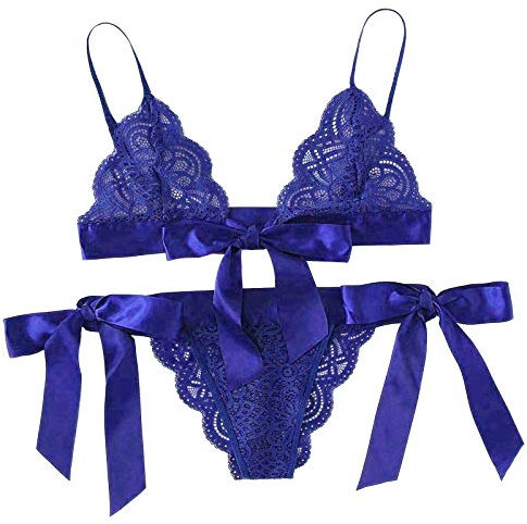 2025 - Dressed Baby Doll Underwear Bow Bra Set Underwear Side Lens Women Lace Lingerie Secretary, blue, 3XL