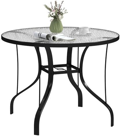Outsunny Table de Jardin Ronde pour 4 Personnes Maximum avec Trou pour Parapluie, Table d'appoint en métal et Verre trempé pour l'extérieur, Ø96.5x71 cm, Noir