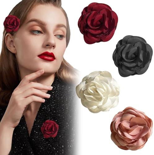 HAMKU 4 Stück Blumenbrosche,Große Rosenblumenbrosche,Blumenbrosche Aus Stoff Einfarbige Broschen Große Kamelie Blumennadeln Für Damen Abschlussball Hochzeit Kleidungszubehör