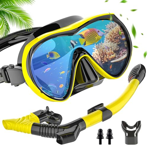 IEEILULU Schnorchelset Erwachsene, Schnorchel Set mit Anti Fog Anti Leck Taucherbrille und 3 Kanal Dry Schnorchel, Taucherbrille Erwachsene aus Gehärtetem Glas für Tauchen Schwimmen (Gelb)