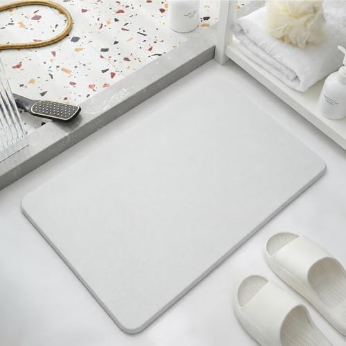 Topzywlc Stone Bath Mat Diatomite Quick Dry Bath Mat Non Slip Anti Mould Absorbent Magic Mat for Bathroom Floor Comes with Non-slip Pad and Sandpaper (White, 39 * 60 * 0.9cm)
