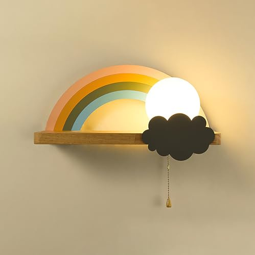 BININBOX Lampada da Parete a LED Luna Nuvola Interruttore a Cavo Tirante da 7W con Ripiano per La Conservazione della Decorazione della Stanza (Arcobaleno, a destra, luce tricolore)