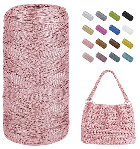 Uiopa Cordino per Borse Uncinetto, 1mm x 480m Filo Uncinetto Metallico Cordoncino, Filo Macrame Glitter Corda per Borse, Cestini, Decorazioni, Artigianato (Rosa Pesca)