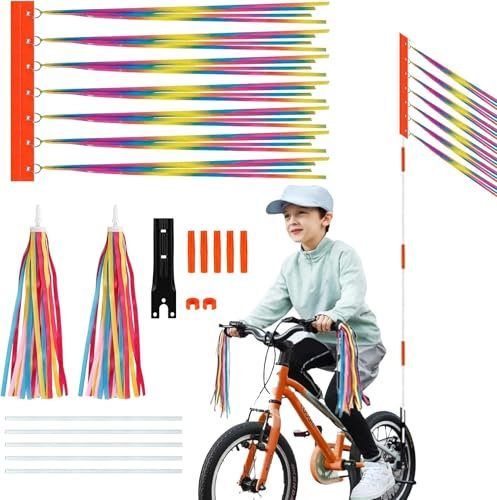 Galerie SV Reflektierende Fahrradflagge,Fahrradfahne Fahrrad Sicherheit Flaggen mit 1 Pair Kinder Fahrrad Luftschlangen Lenker Bunte Bänder Streamer Fahrrad Griffe Quasten Bänder für Dekoration