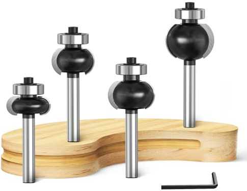 Akylin 4Pcs Edging Fluting Bits Set,1/4 SHK Concave Sunk Bead Router Bit | Radius R3/16,R5/16,R3/8,and R7/16,Bearing Guided Decorative Edge Bits for Wood Profiling,Molding