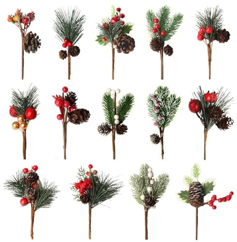 14 Stück Kleine Künstliche Tannenzweige Weihnachtsbeeren Dekorative Zweige mit Beeren Tannenzapfen Stechpalme Weihnachtsblüten Picks für Weihnachtstischdekoration Adventskranz Dekoration