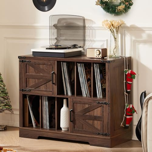 LELELINKY Plattenspieler Schrank mit Schallplattenregal für 300 Alben | 100 cm breit, 6 offene Fächer, 2 Türen, viel Stauraum für Vinyl und Zubehör, für Wohnzimmer & Musikzimmer,Braun