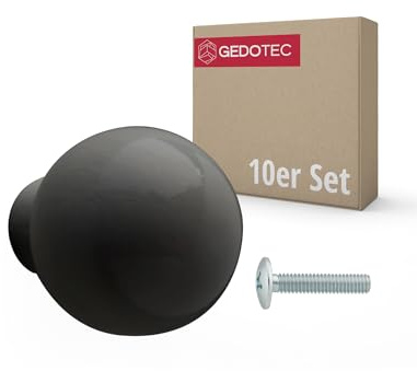 Gedotec RICARDA - Lot de 10 boutons de meuble en bois laqué noir - Diamètre : 23 mm - Ronds - Pour commode, armoire, tiroir - Avec vis