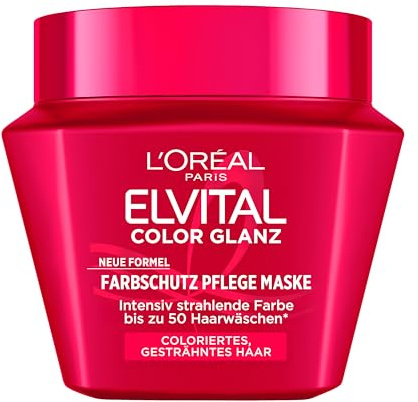 L'Oréal Paris Elvital Color Glanz Farbschutz Pflege Maske, Neue Formel, für intensiv strahlende Farbe, bis zu 50 Haarwäschen, schützt die Haarfarbe, speziell für coloriertes, gesträhntes Haar, 1x300ml