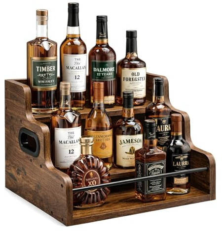 Otopone 3-Tier Wooden Liquor Bottle Display Shelf, Retro Countertop Wine Rack for Home Mini Bar Cabinet, Coffee Syrup Organizer for Whiskey Spirits Drinks Collection
