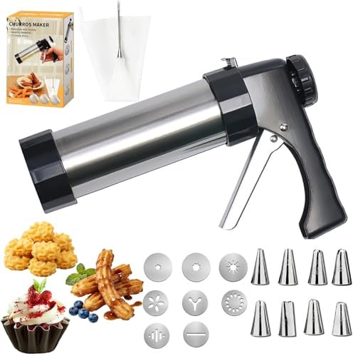 FIRE BULL Edelstahl Pastry Press Set,BPA-freier Cookie Churro Maker | mit 8 Zuckergussspitzen und 8 Scheiben (3 Churro, 5 Cookie) für Sahne, Teig und Backdekoration