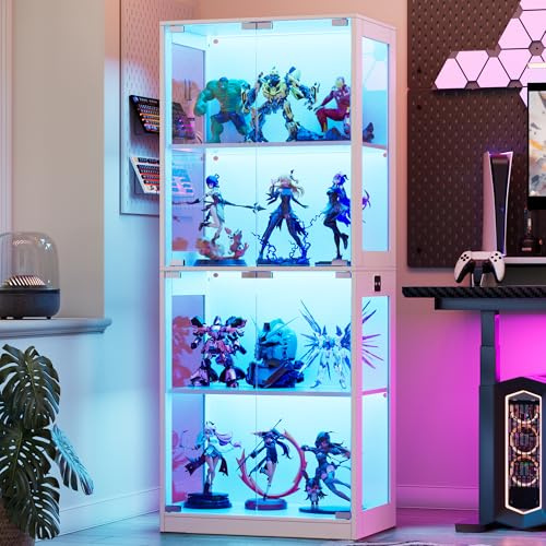 MSFE Glas Vitrinenschrank mit LED, Schaukasten Vitrine mit Intelligente Sensorik,4 Lagen Glasvitrine Staubdicht,Sammlervitrine Schwarz,für Wohnzimmer, Schlafzimmer,Büro,Jede Schicht trägt 15 kg,Weiß