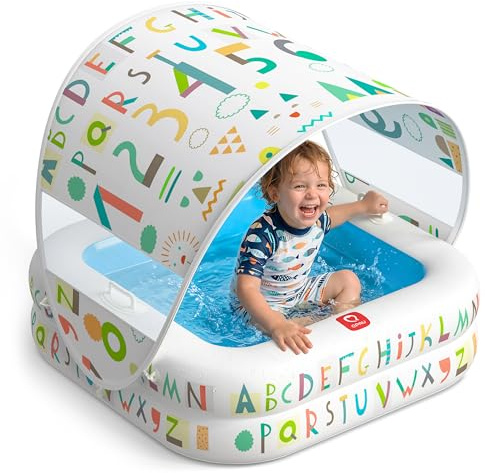 QPAU Piscine Gonflable Portable pour Bébé avec Pare-Soleil Amovible 35 x 10, Pataugeoire Enfant & Piscine à Balles 3 en 1, Fond Rembourré, Poignées, Jardin/Intérieur, 1-3 Ans, Bleu