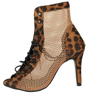 Maskjuwio Sandalias de tacón alto para mujer, diseño de leopardo, sandalias de tacón de peeptoe, sandalias de malla huecas, transpirables, sandalias de baile con cordones, sandalias de cuña con tacón