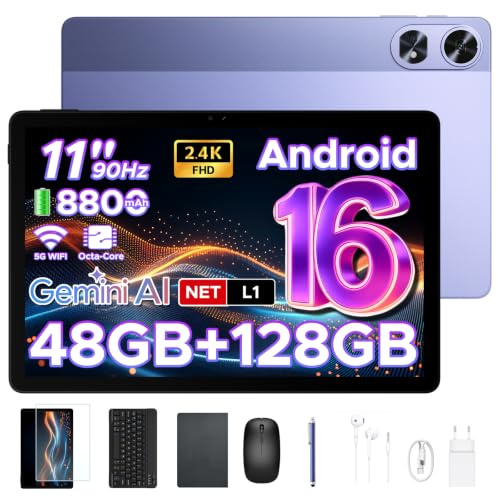 POPUX P11 Pro Tablet Android 16,2.4K 90Hz Tablet 11 Pollici con Gemini AI, 48 GB RAM + 128 GB ROM, T7250 Octa-Core, 13 MP + 5 MP, 8800mAh, Wi-Fi 5G, Cuffie, Tablet con Tastiera e Penna, Mouse, Viola