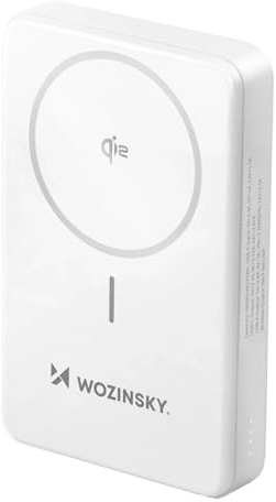 WOZINSKY Batteria Esterna Magnetica Power Bank 10000 mAh 22,5W Tecnologia Qi 2.0 Con Supporto Integrato Bianca