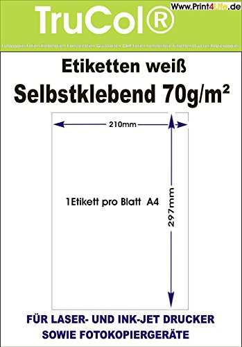 1000 Etiketten 210x297,1000 Blatt DIN A4 vollflächig selbstklebend weiß für Inkjetdrucker und Laserdrucker
