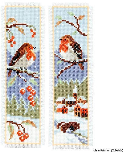 Vervaco Lesezeichen Kreuzstich Stickpackungen Gezählter Kreuzstich Set Rotkehlchen 2er DIY Set Erwachsene Sticken Lesen Zubehör Geschenk Zählmusterpackung ca. 6 x 20 cm Stickset für Anfänger