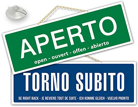 Maxi Cartello APERTO e TORNO SUBITO negozio vetrina studio laboratorio officina bottega (verde/blu)