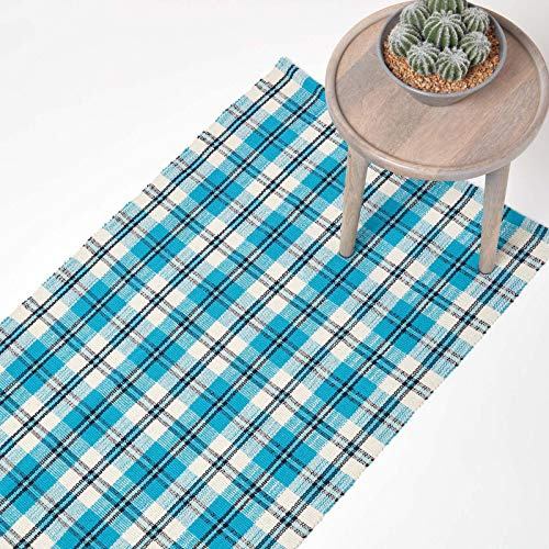 HOMESCAPES Tartan Hallway Runner Handwoven Blue 100% Cotton Rug ‘Irvine’ Check Hallway Rug, 66 x 200 cm