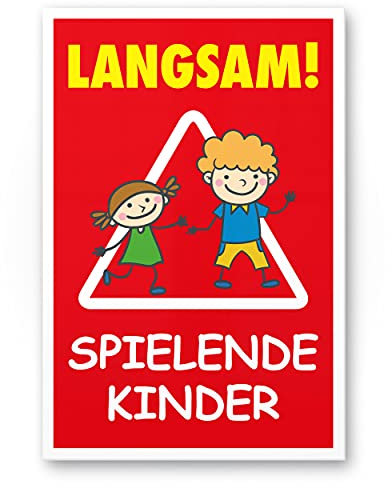 Komma Security Langsam Spielende Kinder 20 x 30 cm Hinweisschild Warnzeichen Warnschild langsam fahren Warnung Hinweis Spielstraße Spielplatz - Vorsicht spielende Kinder