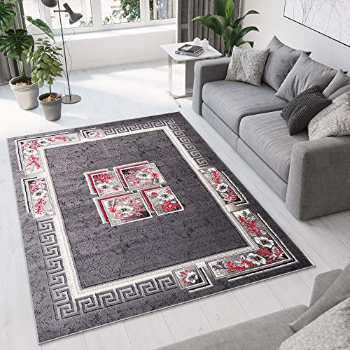 TAPISO Dream Teppich Wohnzimmer Schlafzimmer Kurzflor Modern Grau Creme Rot Griechisch Viereck Ornament Floral Bordüre Meliert ÖKOTEX 60 x 100 cm