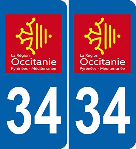 INDIGOS UG - 2 Autocollants pour plaques d'immatriculation - 34 Occitanie 102x46 mm