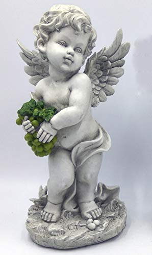 GeKi Trend Engel Figur mit Weintraube Dekofigur Putte frostfest Gartendeko antik weiß Grabengel wetterfest 45 cm groß
