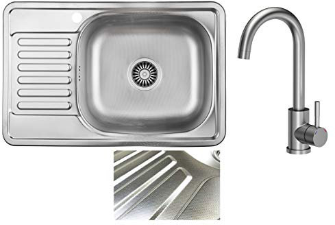 VBChome Einbauspüle 66x42 cm links aus Edelstahl Leinenstruktur mit Abtropffläche Spüle eckig für Küche Camping mit Armatur Ablaufgarnitur Siphon Wasserhahn Inox