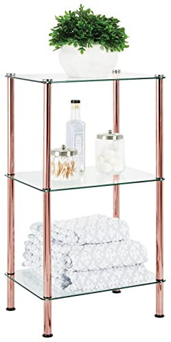 mDesign modernes Glasregal mit Metallbeinen – Badorganizer aus Glas mit 3 Ebenen – elegante Glasablage für Badezimmer, Büro oder Schlafzimmer – durchsichtig und rotgold