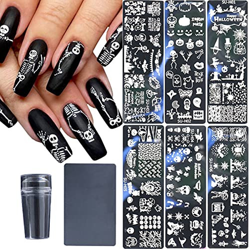 Halloween Nail Stamper Kit - 6 Stamping Plates, Scraper, Stamper, Horror, Ghost, Skull, Pumpkin, Spider Nail Art Stamping Plates & Stencils