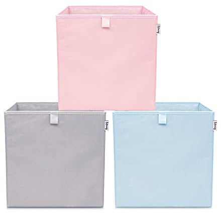 LIFENEY Aufbewahrungsbox 3er Set in Grau, Rosa & Blau I Einfarbige Spielzeugbox passend für Würfelregale I Aufbewahrungskorb als Accessoire für dein Zuhause | 33x33x33 cm