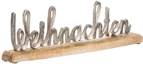 Brandsseller Deko-Schriftzug Weihnachten ca. 40 cm auf Mangoholz-Sockel | Aluminium | Silber/Braun