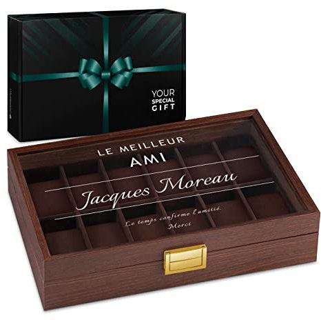 Maverton Boîte à Montres Personnalisée - Coffret de rangement pour 12 montres - Boite Montre avec Gravure - Cadeau Homme Anniversaire - Cadeau Personnalisé pour Collegue - Ami - Étui en Bois -Meilleur
