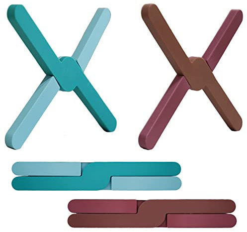 Ben & Bel Stylish X-shaped Foldable Silicone Trivets Set of 2, Non-Slip Worktop Protector Heat Resistant for Hot Pans/Dishes/Plates/Pots, Ideal for Camping/Caravan, Blue+Brown