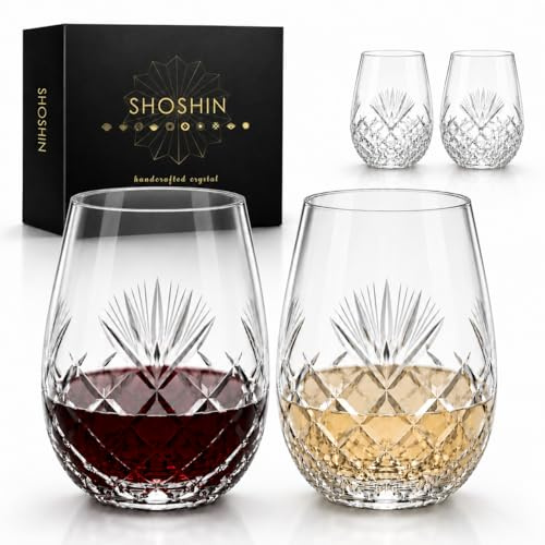 SHOSHIN - Hand Cut Stemless Wine Glass Set of 4, Large 18 oz Crystal Wine Glass, Wine Tumblers for Red and White Wine, Water Glasses, Drinking Glasses