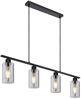 Globo Balken Pendelleuchte Esszimmer 98 cm HADERA mit vier Zylinder Lampenschirmen aus Rauchglas, Braun