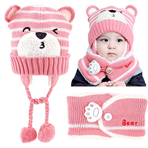 GLAITC Baby Mütze Winter 46-50cm Schlupfmütze Kinder mit Schal Fleecefutter Kindermütze Set Babymütze Winter Strickmütze Baby Ohrenklappe Beanie Mütze Kinder-strickmütze, für 6-24 Monate Unisex Baby