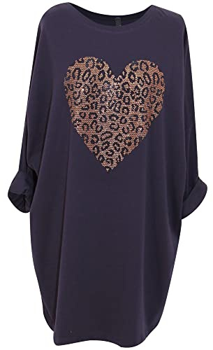 Storm Island® Women Italian Heart Top Ladies Animal Print Cotton Top Plus Size Tunic Shirt Summer Casual Wear Batwing Sleeves Shirt for Women Girls Long T-Shirt Heart Design One Size Blouse 14-24 UK