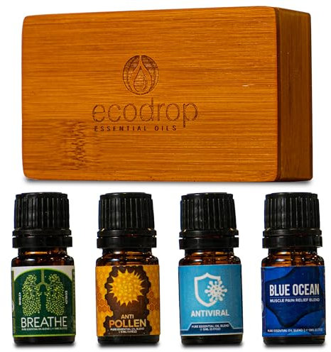 Ecodrop Wellness Oil Blend Collection - 4X 5ml Bottle Set | Natural & Organic Therapeutic Grade Aromatherapy Eucalyptus, Lavender, Tea Tree, Lemon & Ravensara Essential Oil Blends Diffuser Gift Kit