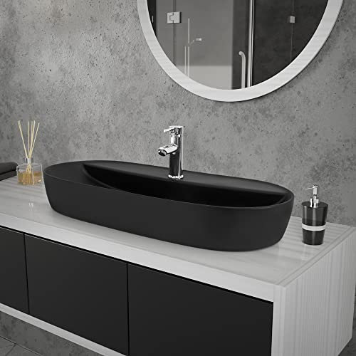 ML-Design Waschbecken aus Keramik in Schwarz matt 80 x 40 x 12 cm, Oval, Moderne Aufsatzwaschbecken, Design Waschtisch Aufsatz-Waschschale Waschplatz Handwaschbecken, für das Badezimmer/Gäste-WC