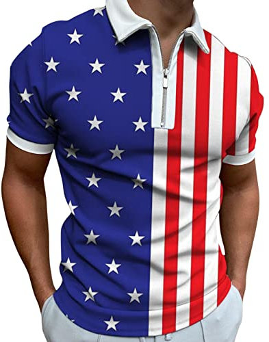 Men's Retro American Flag Polo Shirt USA Flag Printed Short Sleeve Polo T-Shirts Casual Summer Patriotic Zip Up Golf Top(Blue,Large)