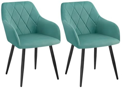 WOLTU 2er Set Esszimmerstühle mit Armlehne Rückenlehne, für Esszimmer Wohnzimmer Küche, Bequeme Küchenstühle gepolstert mit Samtbezug, Metallbeinen, Türkis