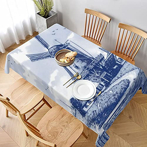 Rechteckige Party Tischdecken Blaue Nederland Niedliche Vintage Niederländische Windmühle Delft Gartentischdecke rutschfeste Tischtuch Wasserdicht Garten Tischdecke Für Picknick,137X183cm