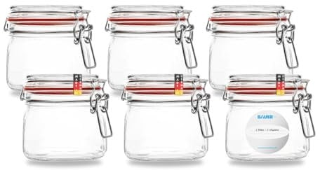 Flaschenbauer - 6-teiliges Set Drahtbügel-Vorratsgläser 550ml, geeignet als Einmach- und Fermentierglas, zur Aufbewahrung, zum Befüllen, Drahtbügelgläser Inklusive Etiketten - Made in Germany