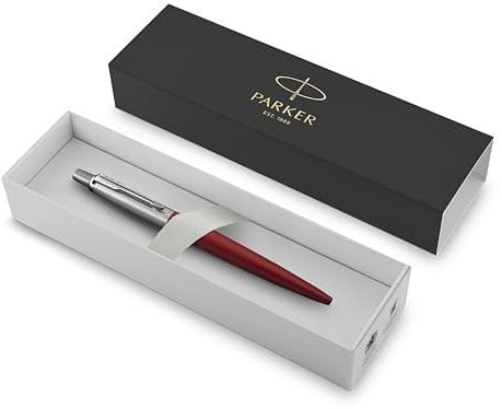 PARKER Jotter Premium Stainless Steel Ballpoint Pen - Kensington Red Lacquer - Medium Point Black Ink - Gift Boxed