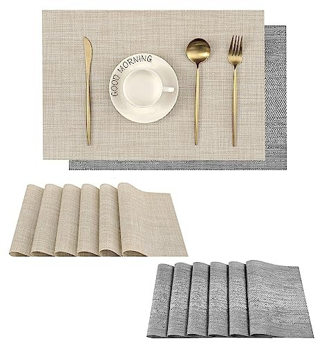 Leetaltree Platzsets für Esstisch, hitzebeständig, rutschfest, waschbar, strapazierfähig, PVC-Vinyl, gewebte Tischsets, 6 Stück, grau und beige, 6 Stück