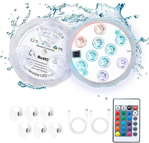 Luci per Piscina, Luci Piscina Sommergibili RGBW IP68 Impermeabili con Telecomando, USB Ricaricabile, Luci Colorate Subacquee con Ventose, Adatta per Giardino, Cerimonia Nuziale, Partito, Vaso 2 Pezzi